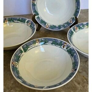 4 x Oneida Kitchen Stoneware Soup Bowls Frosty Friends‎ Pattern Snowmen Winter